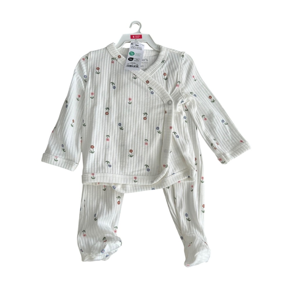Carters Baby Girls 6 Months Ribbed Floral‎ Wrap Pajamas Sleepsuit Set